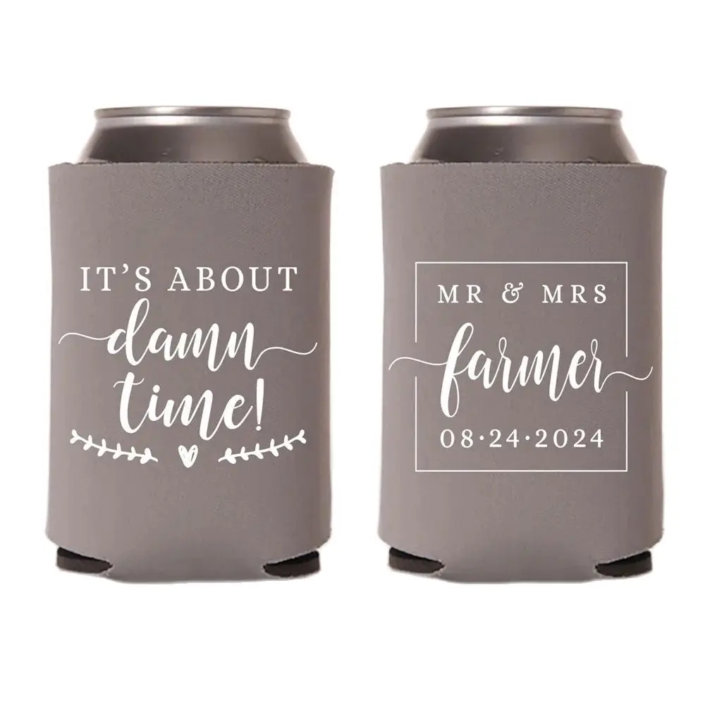 Wedding Can Cooler #185R - It's About Damn Time - Custom - Wedding Favors, Beverage Insulators, Beer Huggers, Wedding Favor, Bee