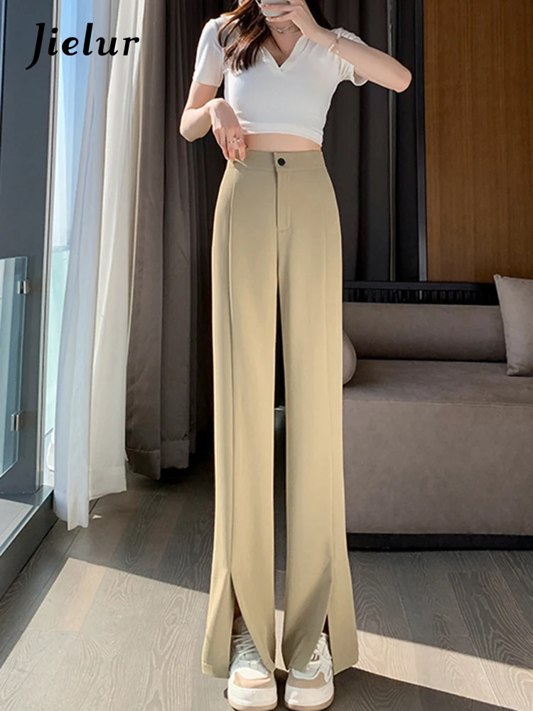 Jielur Pure Color Summer Casual Split Trousers Women High Waist Straight Floor Pants Female Preppy Style Simple Chic Pants Lady