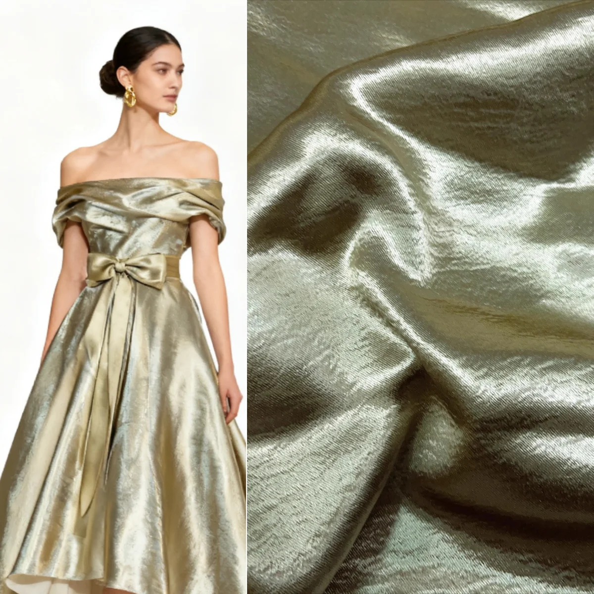 Khaki green gold glossy micro elastic ripple satin fabric sewn suspender dress fashionable dress soft and smooth fabric