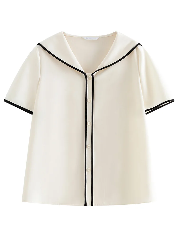 FSLE-Blouse à col bleu marine pour femmes, chemisier décontracté à simple boutonnage, manches courtes, beige, été, Y-24FS12Gene