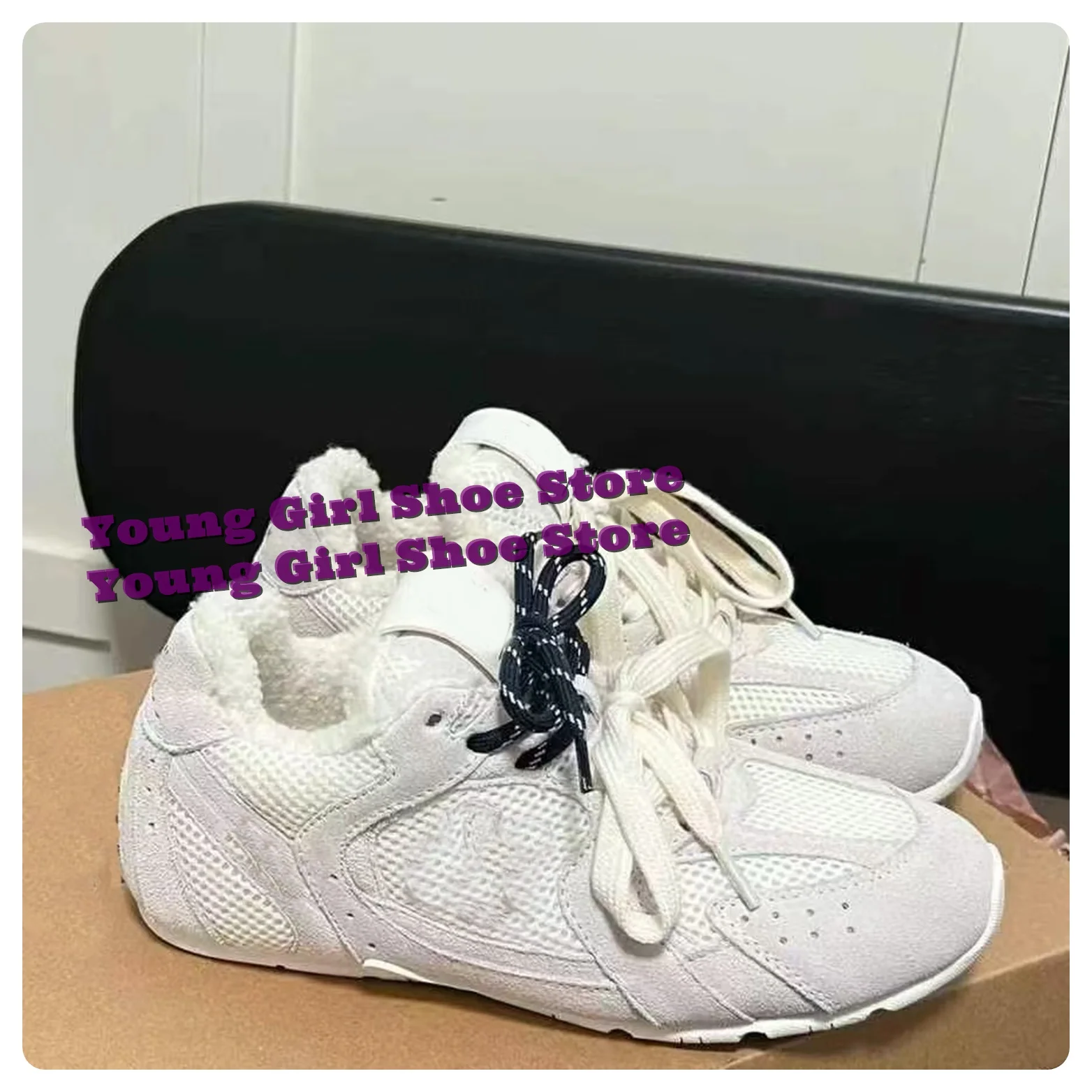 Scarpe di tela piatte con lacci Sneakers Pelliccia calda invernale Altezza crescente Superficie spessa Increscante Abito da donna da strada alla moda casual