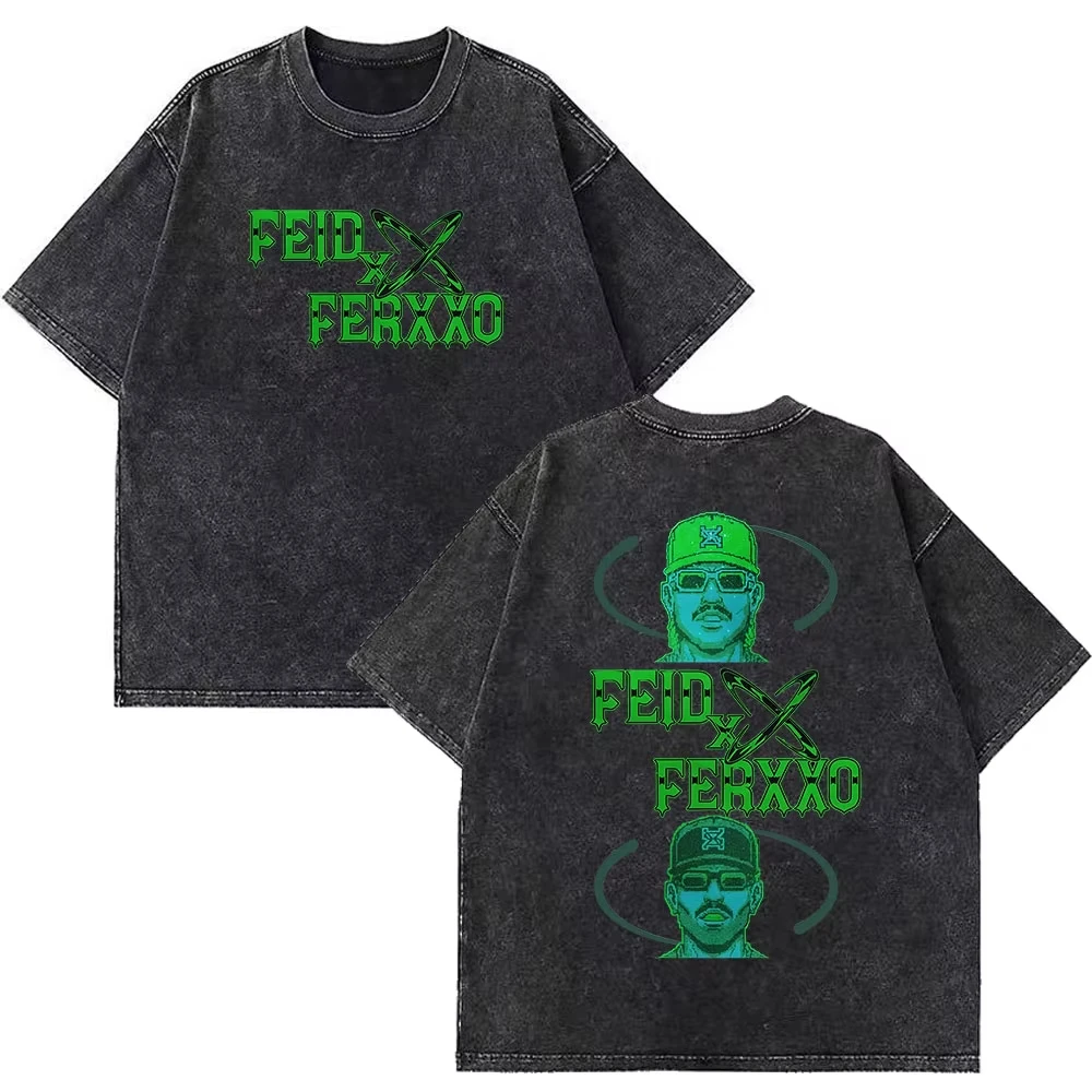 Rapper Feid Ferxxo Tour 2026 Print Vintage Washed Tshirts Men Women Fashion Hip-hop Casual Loose Oversized T-shirt Fan Gifts Top