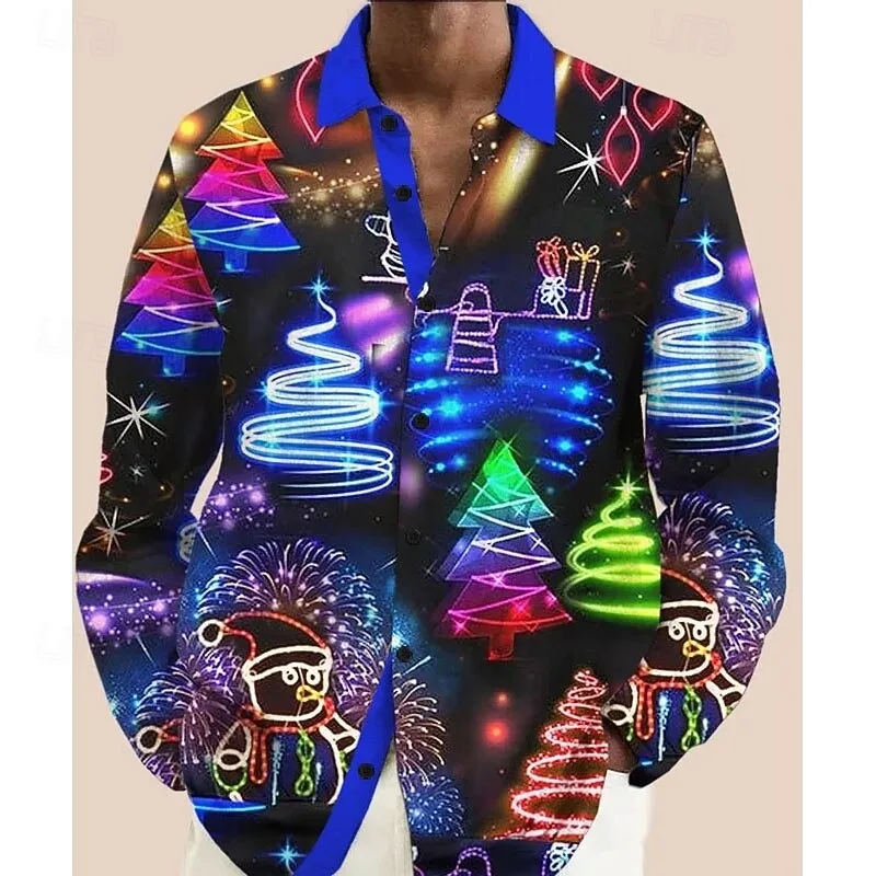 

Merry Christmas Santa Claus casual men's button up long sleeved lapel shirt 3D snowflake print clothing top