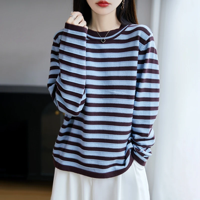 الخريف والشتاء المرأة الجديدة 100% القطن الخالص سترة مخططة عادية محبوك س الرقبة البلوز فضفاضة وعصرية المرأة #4