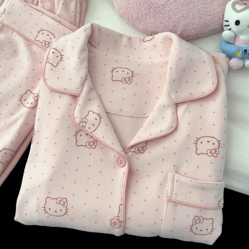Kawaii Sanrios Pyjamas Hallo Kitty Damen Langarm Hosen Nachtwäsche Cartoon Student Mädchen Strickjacke Hause Kleidung Herbst Winter