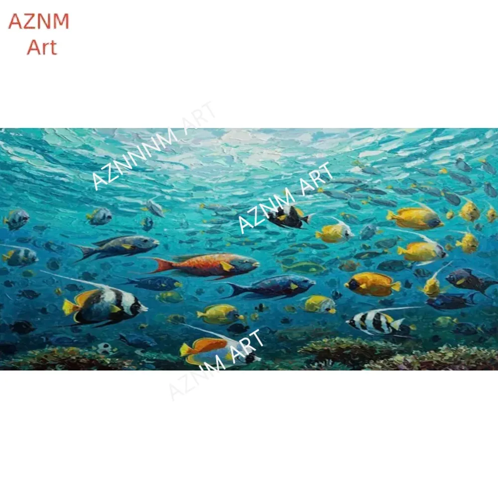 1PC ，Abstract Blue Sea Fish Canvas Painting Nordic Art Graffiti Large Size Posters Print Modern Living Room Home Decoration