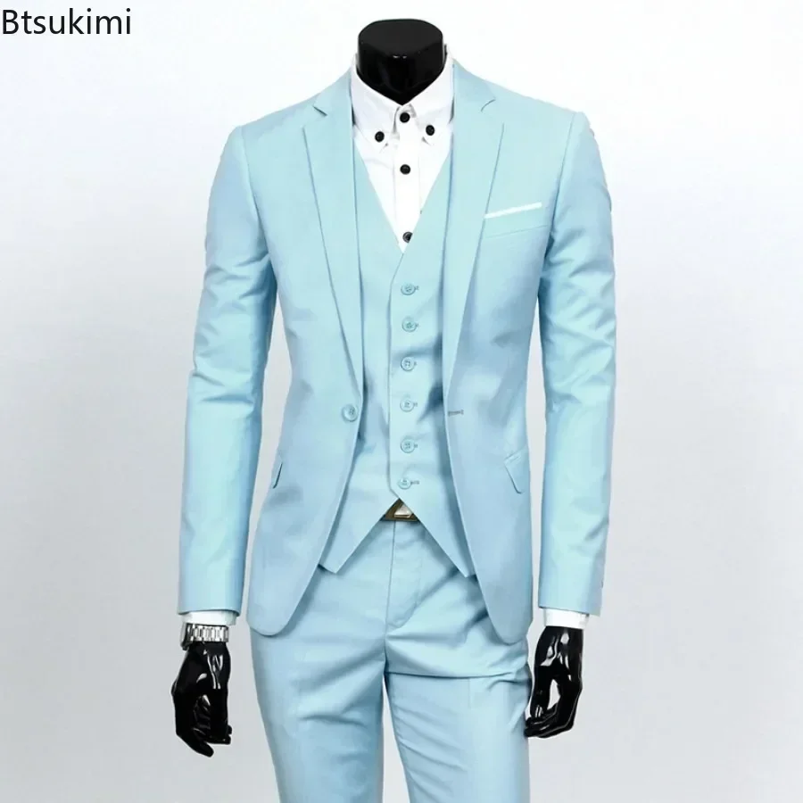 2025 Men\'s Suit Three Piece Sets (Blazers+Vest+Pants) Fashion Solid Slim Business Party Gown Wedding Groom Dress Suit Plus Size