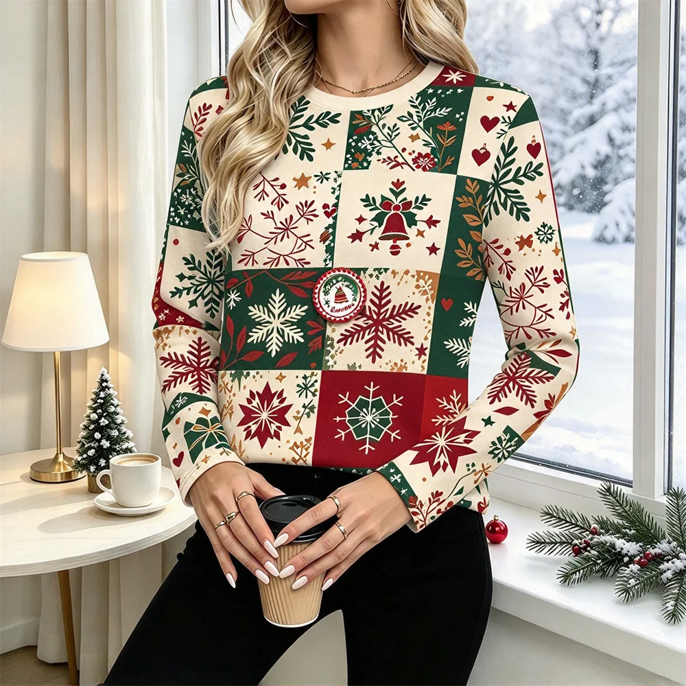 Winter Ladies Christmas Long Sleeve Tee Womens T-shirt Retro Santa Print Tshirt Comfortable Daily Holiday Party Blouse For Women