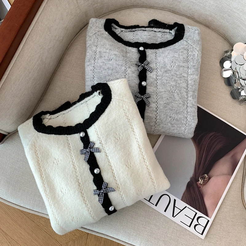 سترة محبوكة حلوة وأنيقة لأزياء الخريف والشتاء النسائية للتنقل، زخرفة القوس والأزرار، سترة كورية #3