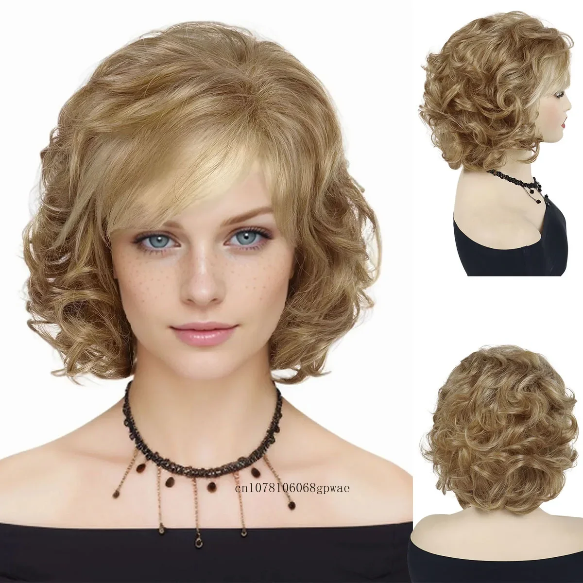 

Synthetic Fashion Blonde Hair Wigs for Women Short Curly Wavy Wig with Ombre Blond Bangs Daily Party Costume Use Heat Resistant