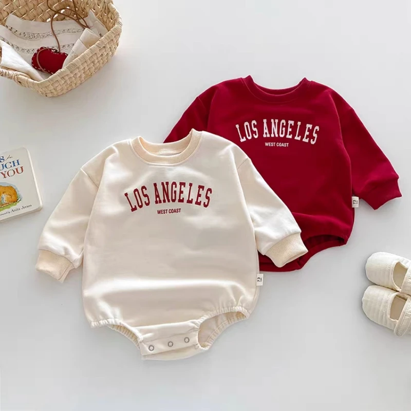 Winter Fleece Lined Romper For Babies And Toddlers Casual Long Sleeve Sweatshirt Crawler Suit Simple Letter Design  127