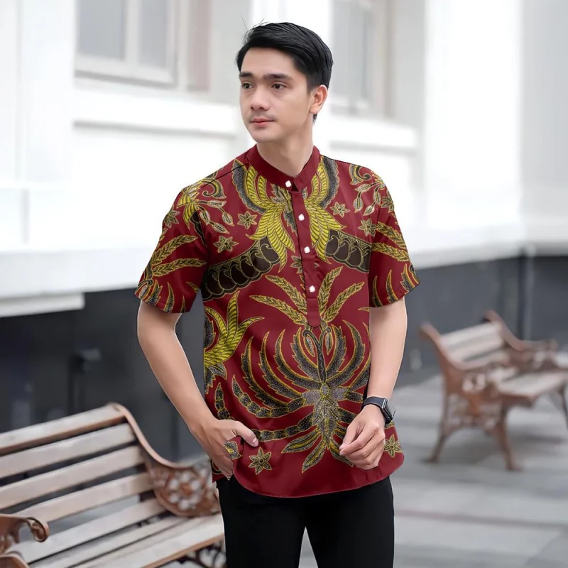 Kurta Shirt, Cocoa Ramadan Raya Shirt Short Sleeve Stand Collar Henley Shirt Loose Breathable and Comfortable Fabric Batik Shirt