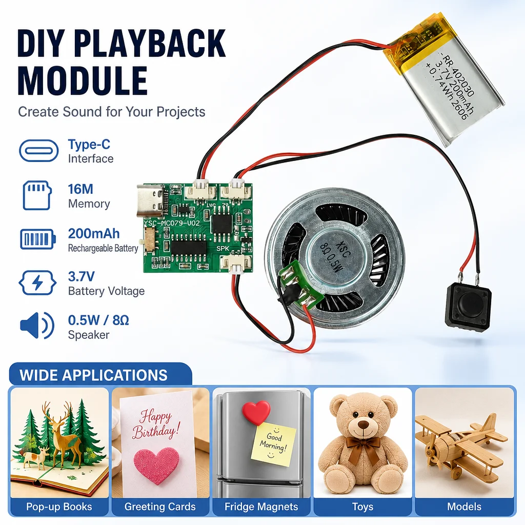 16M Capacity MP3 Audio Player Module Type‑C Usb Downloadable Sound Module For Diy Gift Pop‑up Book Handmade Project