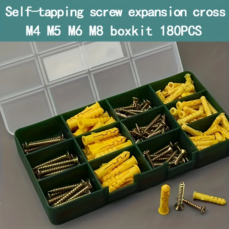 12 self-tapping screws plastic expansion tube boxed cross screws M4*30mm,M5*50mm,M6*30mmM8*40mm box kit 180PCS.