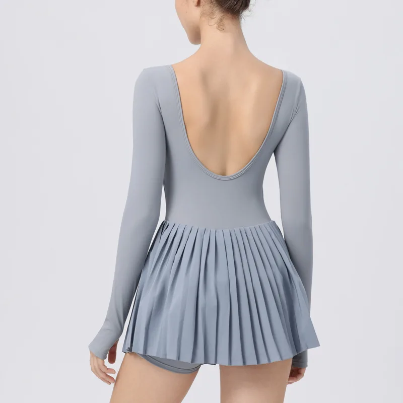 

Wmuncc Спортивное цельное платье для йоги с длинными рукавами для женщин с накладкой на грудь и трусами Платье трапециевидной формы Теннисное платье Gofl