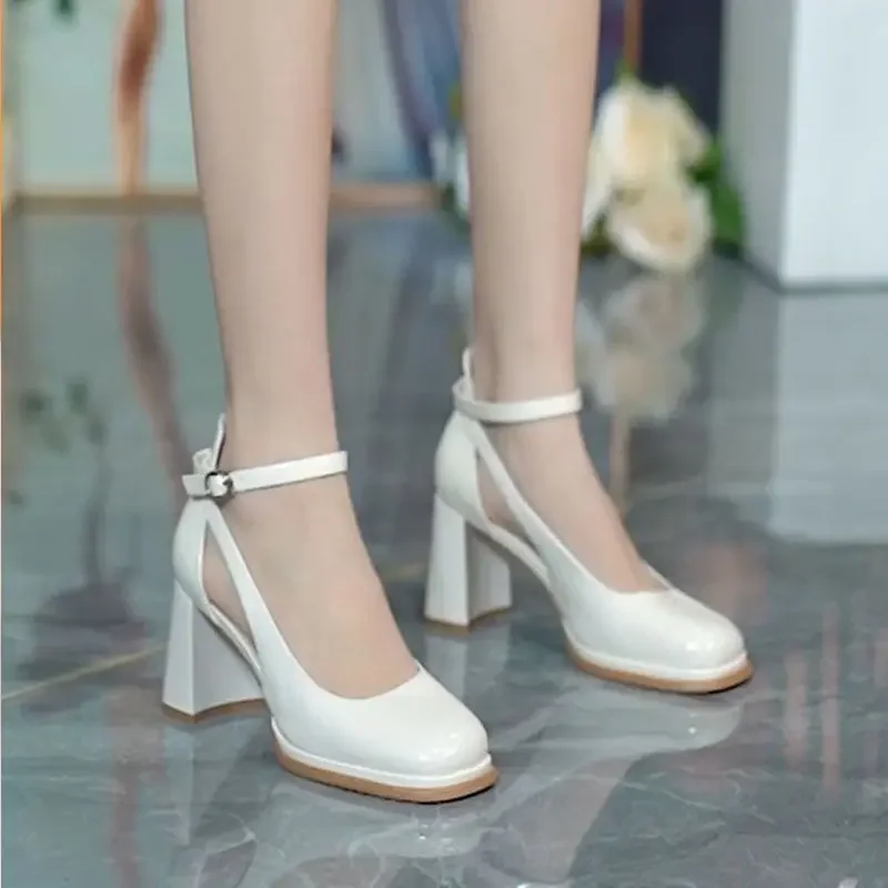 Footwear Block Heel Sandals for Women Ladies Shoes Buckles White One Word Leather Outdoor High Heels Summer 2024 Luxury on Offer