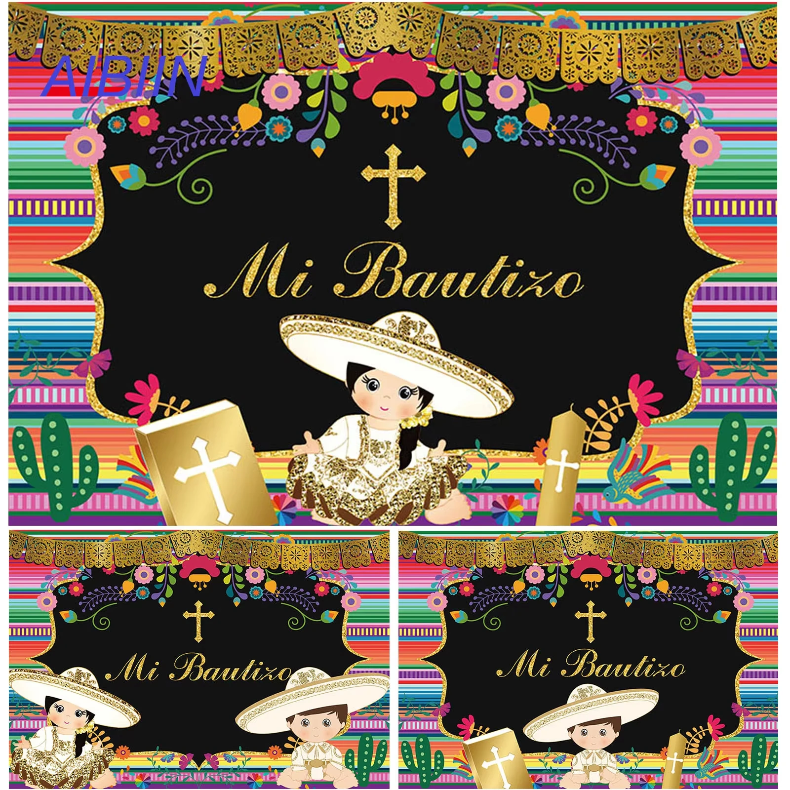 

Mi Bautizo Mexican Backdrop Colorful Stripes Fiesta Boy/Girl/ Twins Baptism Party Decor First Holy Communion Cactus Background
