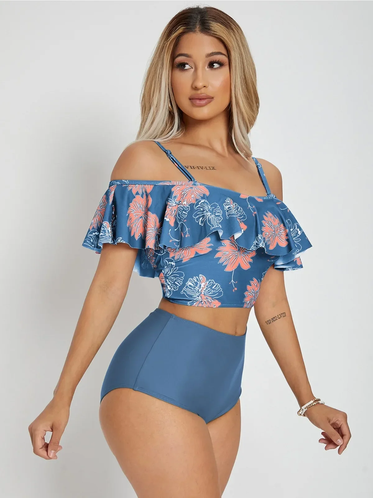 Maillot de bain deux pièces imprimé floral à gros volants pour femmes, taille haute, Tankini, ensemble Bikini, bretelles, dos nu, maillot de plage