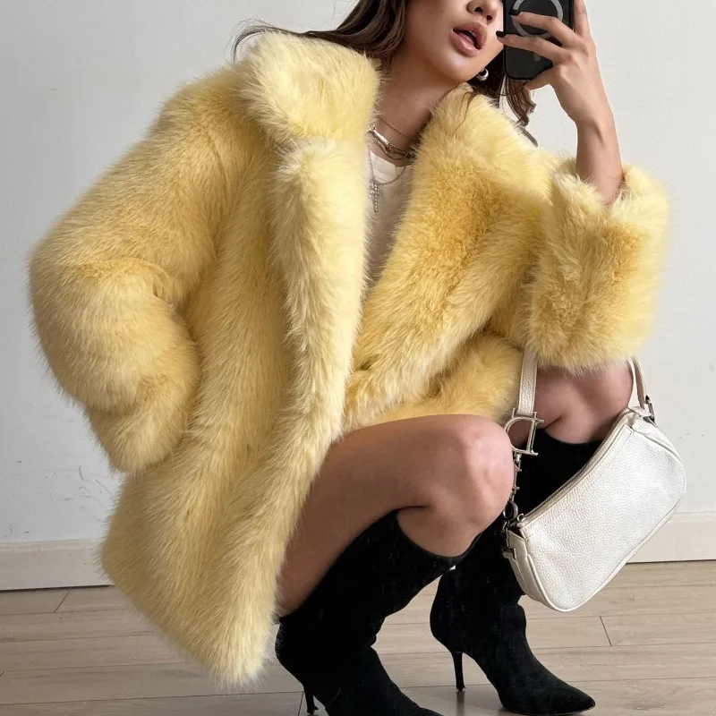 

Notched Collar Faux Fur Jacket Solid Mid Blue Plush Coats Warm Thick Luxury Elegant 2025 New Faux Fox Furry Jackets Fluffy Loose