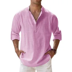 New Men Casual Shirts Lightweight Long Sleeve Henley Cotton Shirts for Beach Linen Shirts Hawaiian Breathable Collar Tops