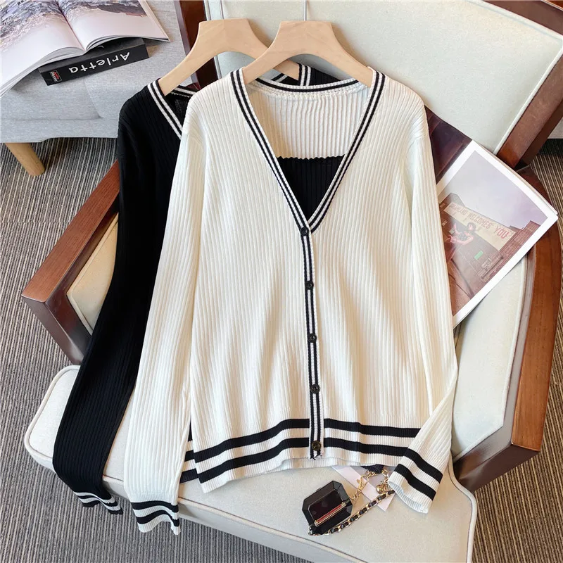 

Women's Sweater 2022 Autumn Winter Knitted Pullovers V-neck Fake Two Shirt Stripe Soft Knitwear Jumpers Basic Sweaters 4XL