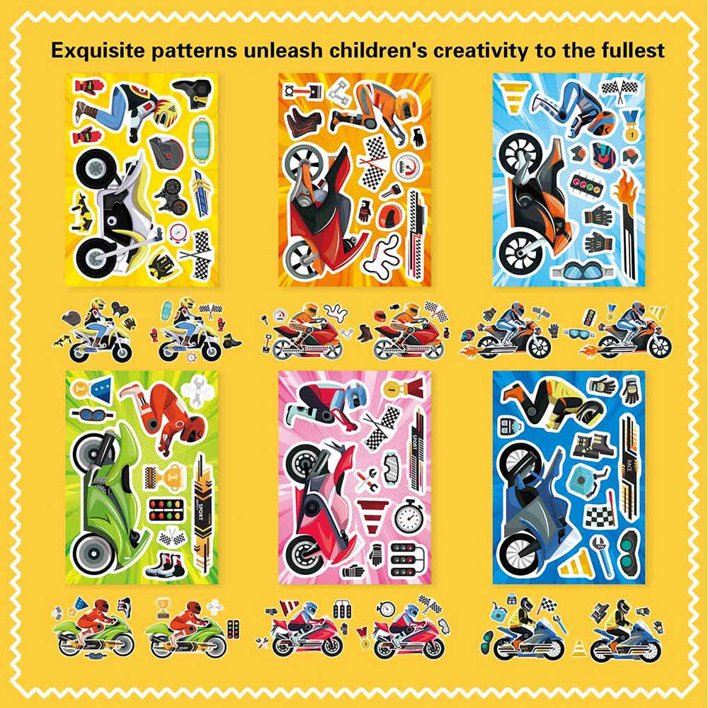 6/12Sheets DIY Motorcycle Make a Face Puzzle Stickers Kids Game Funny Assemble Jigsaw For Kids Boys Children Toys Party Gifts