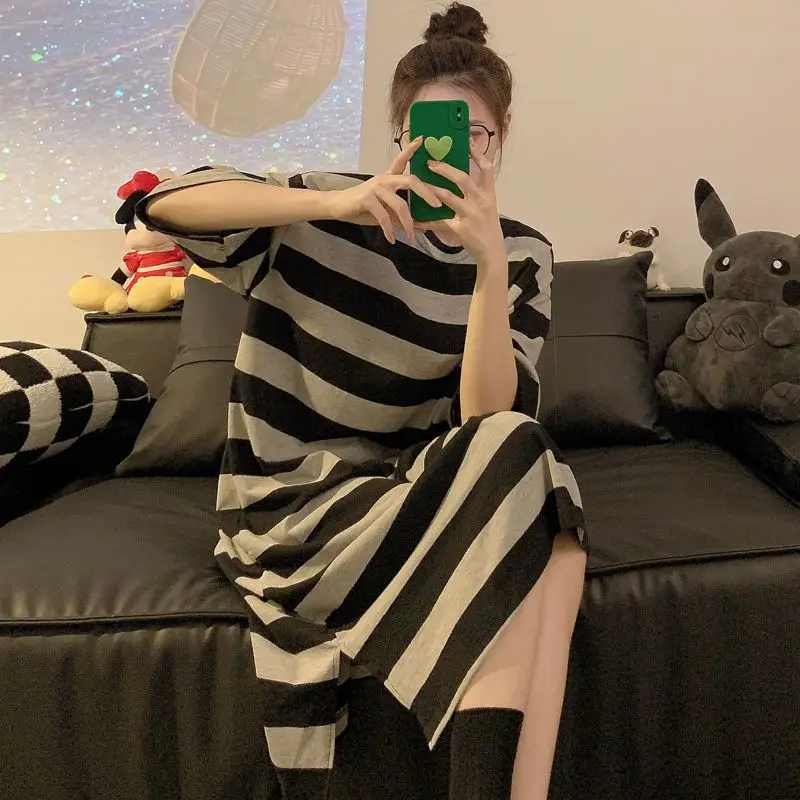 Lazy Contrast Striped Slit Hem T Shirt Dress Women Clothing Short Sleeve Plus Size Korean Casual Dresses Fashion Trend Summer