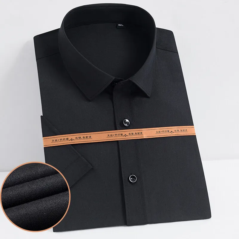 

2025 Men's summer ice silk Bamboo fiber business short-sleeved shirt Casual solid color simple lapel commuting professional wear