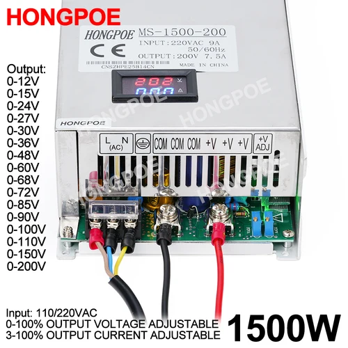 Fuente de alimentación conmutada ajustable con pantalla Digital de 1500W 0-12V 24V 48V 60V 72V 110V 150V 200V 110/220V AC/DC salida única SMPS