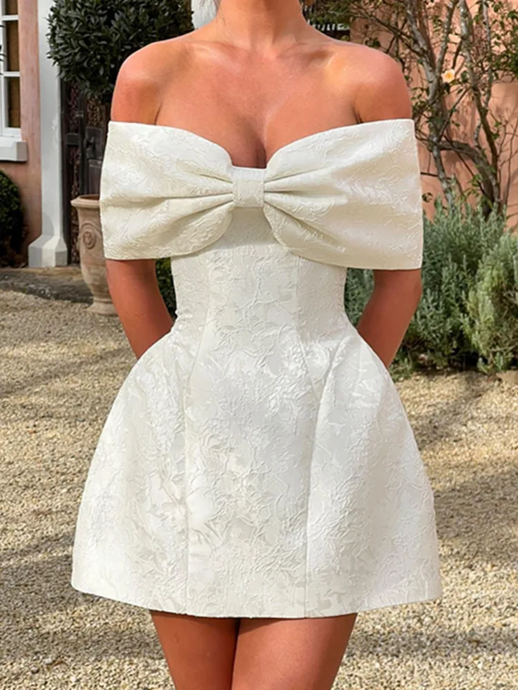 

SKMY Fashion Off The Shoulder Bow Sexy Backless Dress Feminine Y2k Clothes Women 2025 Summer New A-Line Short Dresses Party