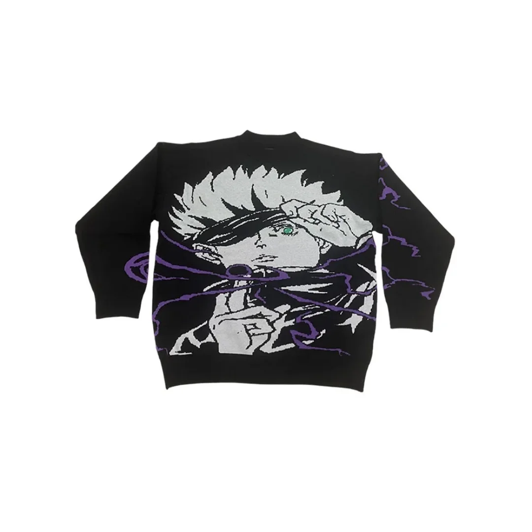 Anime Jacquard Oversized Pullover Knit Sweater Gothic Y2k Vintage American Style High Street Fashion for Fall And Winter