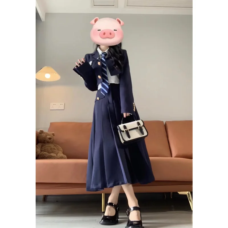 Koreanischer Stil blau weißes Hemd Kurz mantel schmaler Falten rock jk Anzug Damen Herbst mode Schulmädchen Uniform Matrosen uniform