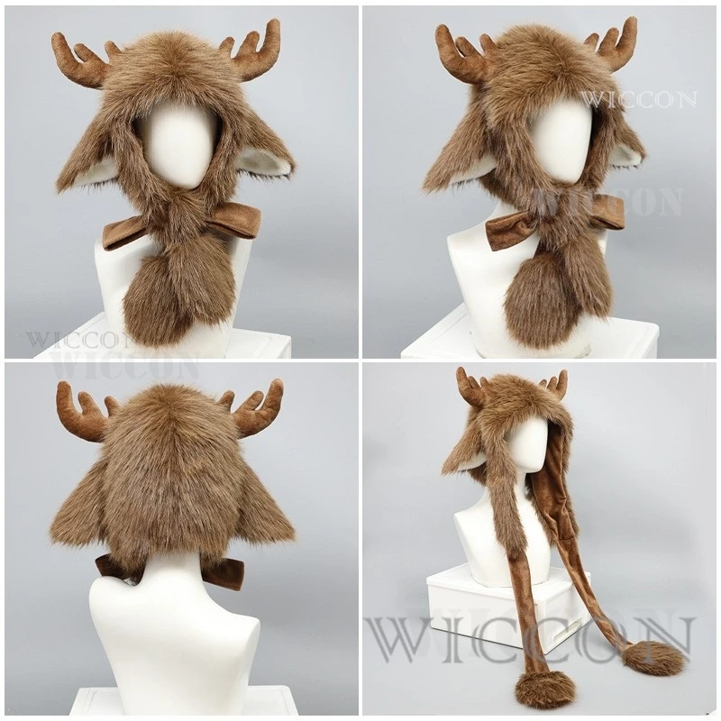 Mori Girl Plush Elk Cosplay Headwear Christmas Winter Antler Deer Printing Elk Earmuffs Cap