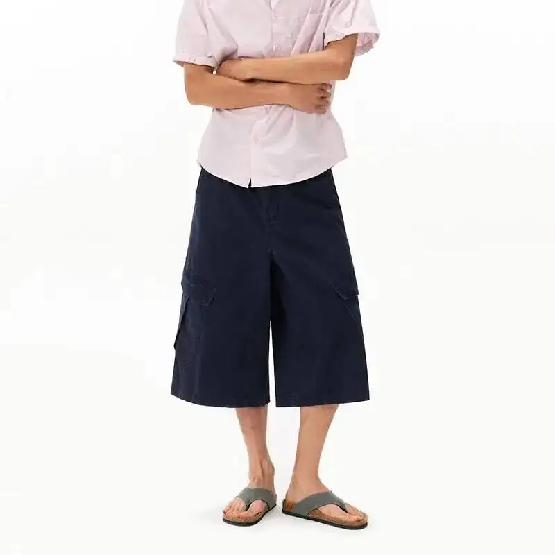 Washed Multipocket Men's Cargo Shorts Blue Cropped Knee Length Pants Summer Straight Loose Wide Leg Casual Bottoms 4XCU