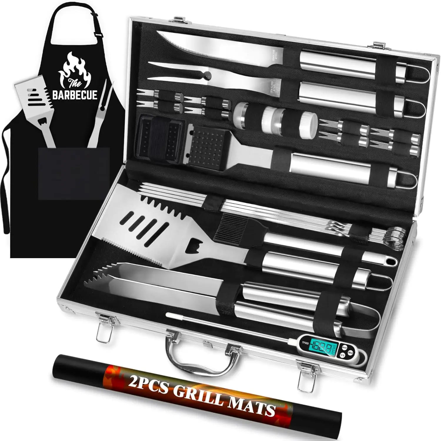 

26-Piece Stainless Steel BBQ Grill Tool Set with Apron, Thermometer, Mats in Aluminum Case - Heavy Duty Gifts for Men and Dad