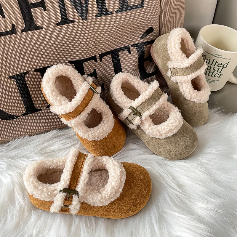 

New Fashion Korean Style Soft Bottom Anti-slippery Versatile Chic Casual Shoe Children Plush Leather Shoes for Girls Winter