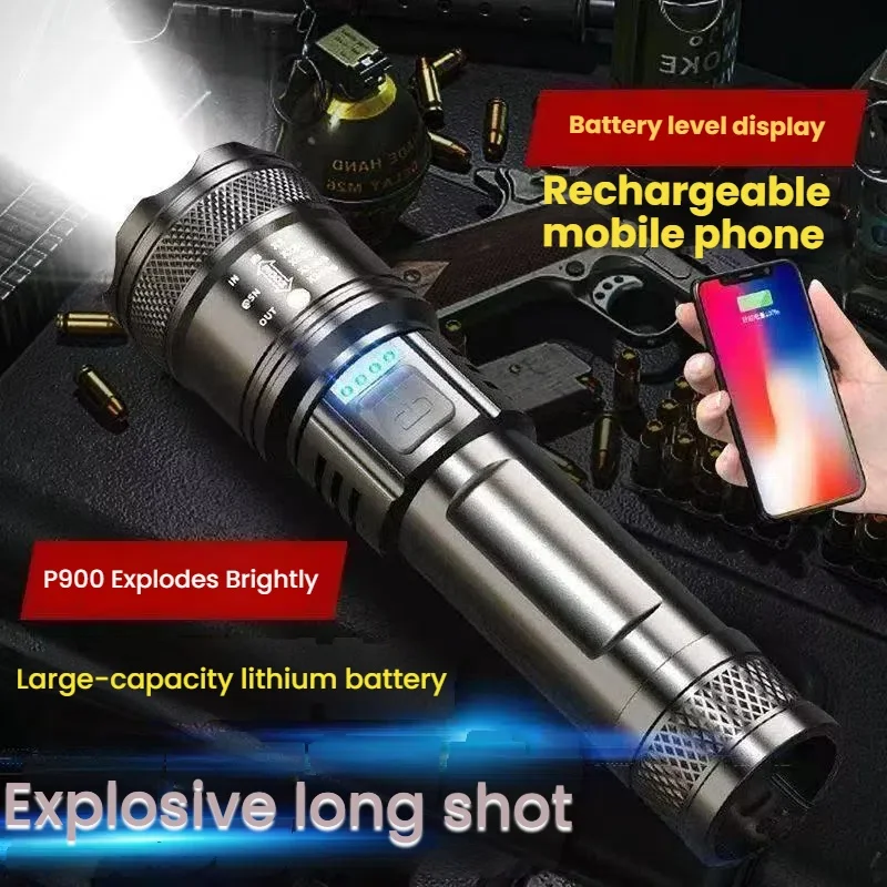 Lumière tactique Super brillante, projecteur d'urgence, zoom télescopique, batterie intégrée, lampe de poche Led P70, 5000LM, rechargeable ca