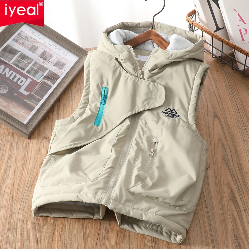 

IYEAL 2025 Autumn Winter Unisex Outdoor College Style Loose Fitting Hooded Windproof Vest Sleeveless Outerwear Jacket
