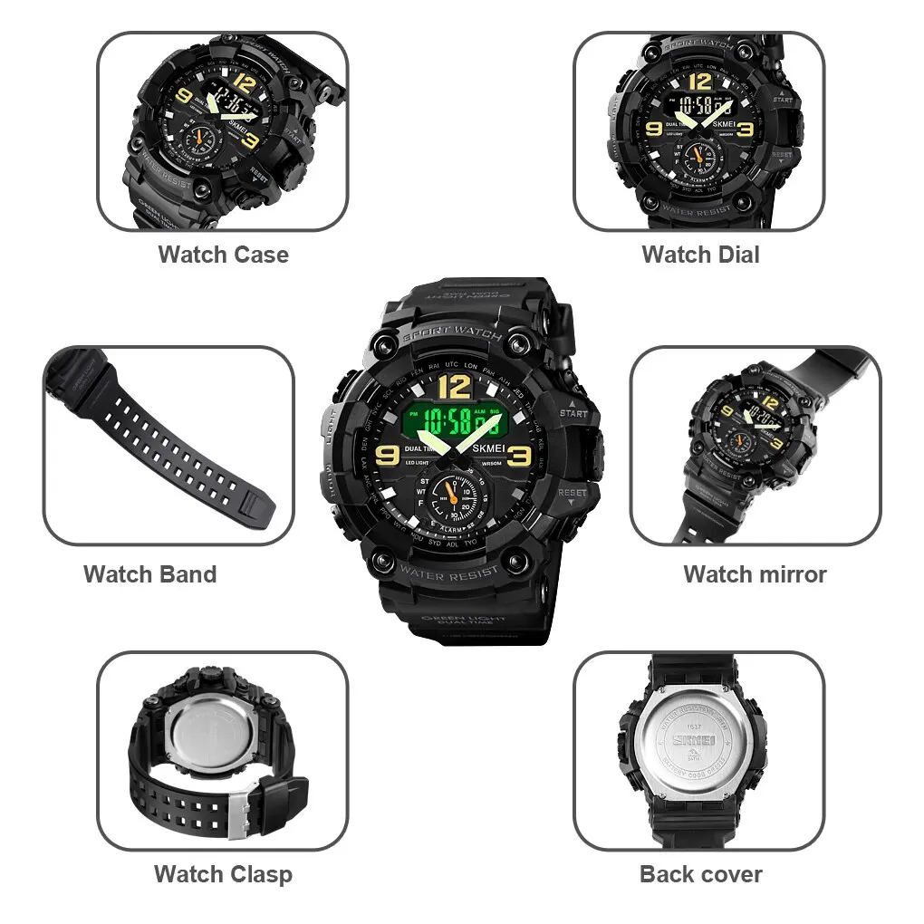 Skmei Multifunctional Chrono Digital Watches Mens Dual Movement 3 Time Sport Wristwatch Waterproof Electronic Clock Reloj Hombre