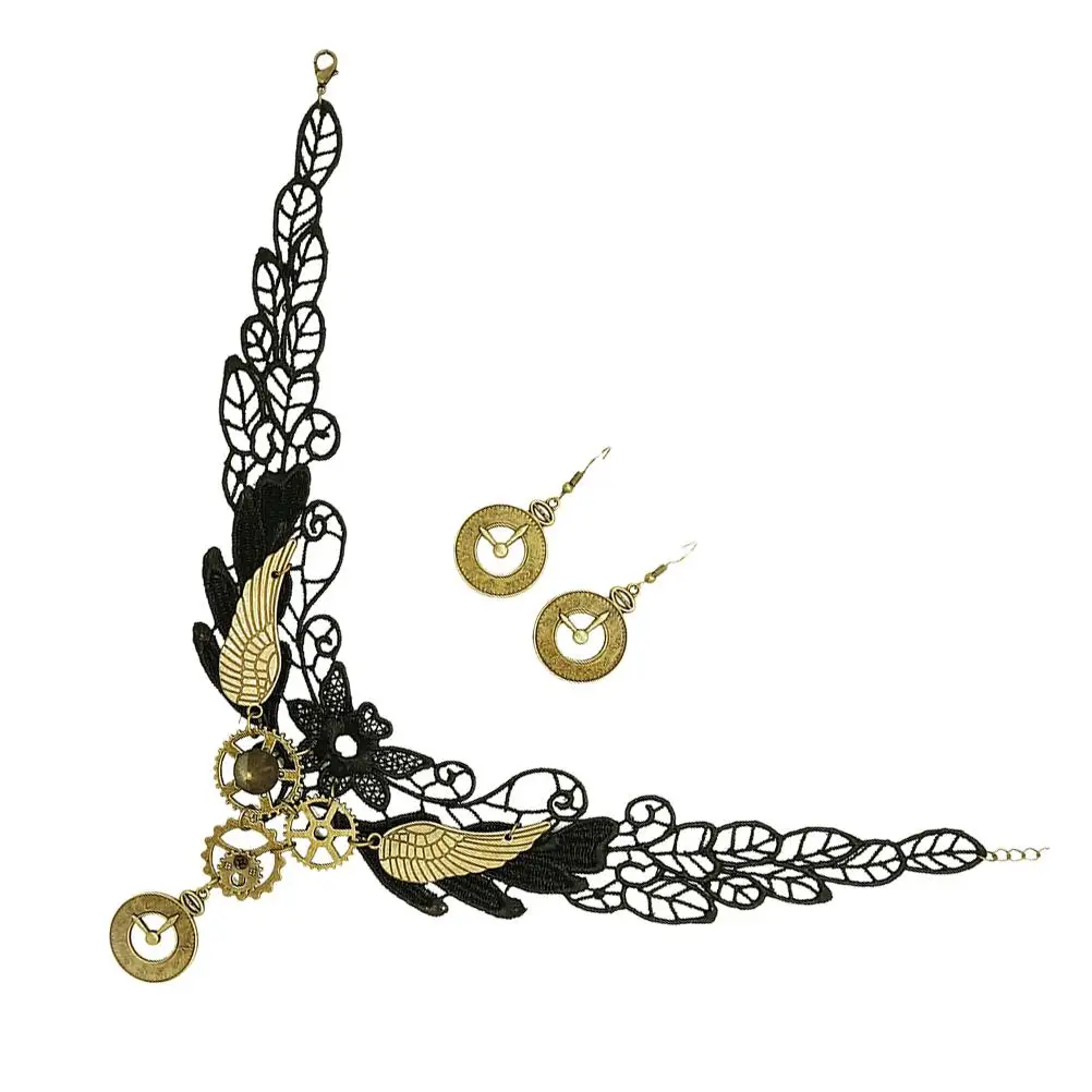 

Retro Clock Necklaces 3 Pcs Lace Choker Gothic Earrings Women Girls Vintage Chain Jewelry Set Matching Clothes