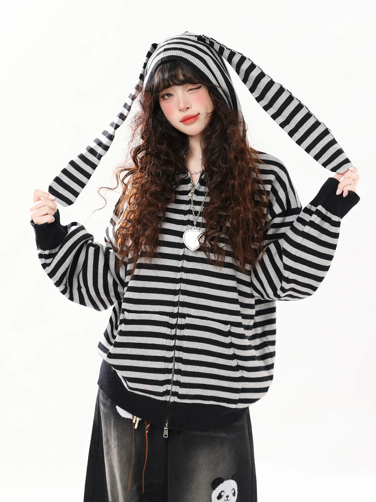 

ENJOG Уютный вязаный кардиган с капюшоном в виде кроличьих ушек, женский свободный повседневный осенний модный дизайн, с полосатым узором