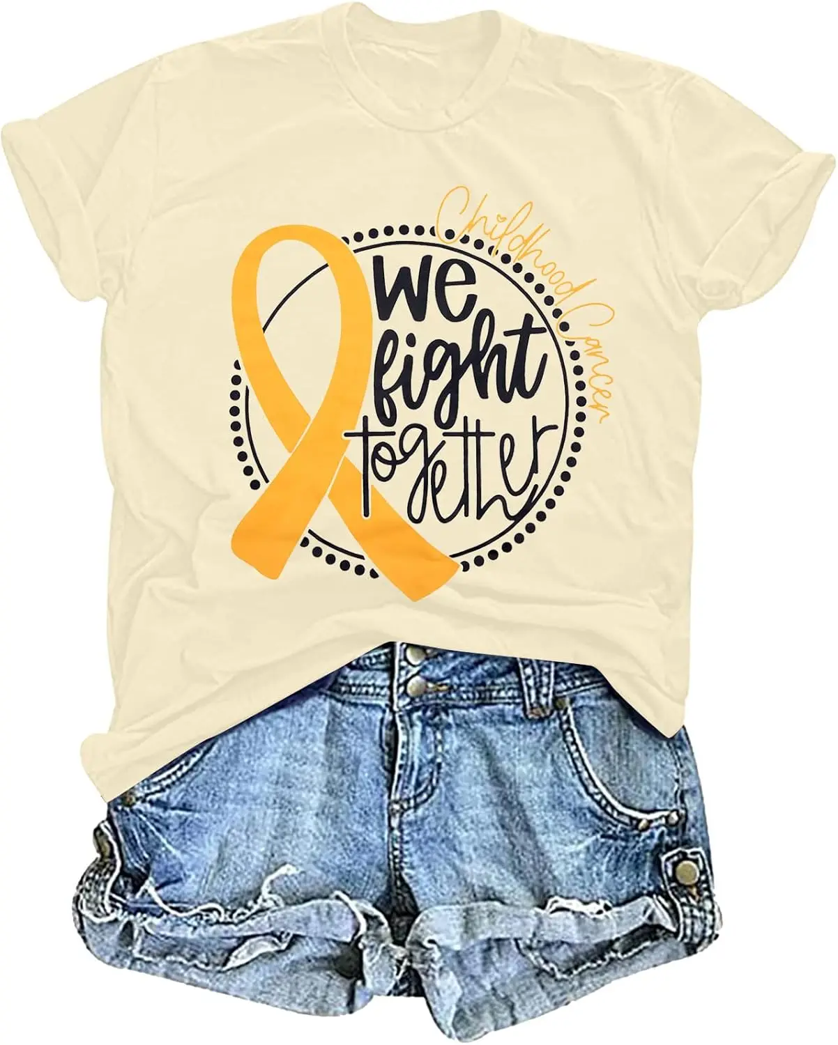 Childhood Cancer Awareness Shirt Women We Fight Together Shirt Gold Ribbon Pediatric Cancer Short Sleeve Tops