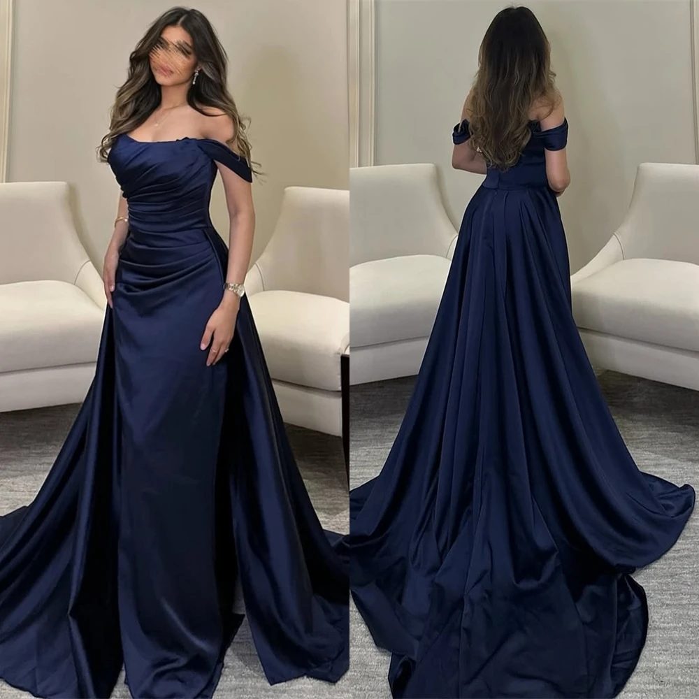 فستان سهرة أنيق مخصص برقبة قارب وأثواب مناسبة خاصة من الساتان الرائع وفساتين حفلة موسيقية بأكمام قصيرة رقيقة