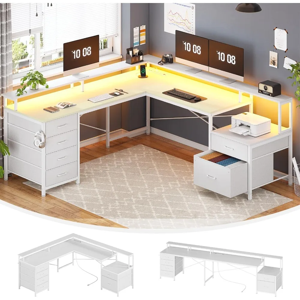 โต๊ะทำงานรูปตัว L พร้อมลิ้นชัก 6 ช่อง ขนาด 108 นิ้ว สำหรับโฮมออฟฟิศ พร้อมที่เก็บเอกสารและปลั๊กไฟ โต๊ะคอมพิวเตอร์เข้ามุมพร้อมช่องวางจอ