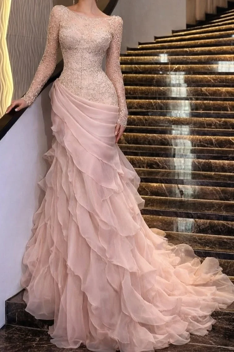 EGS Pink Prom Dress Off the Shoulder Long Sleeve Celebrity Dress Mermaid Women's Evening Dresses Layered Formal Gown Customized