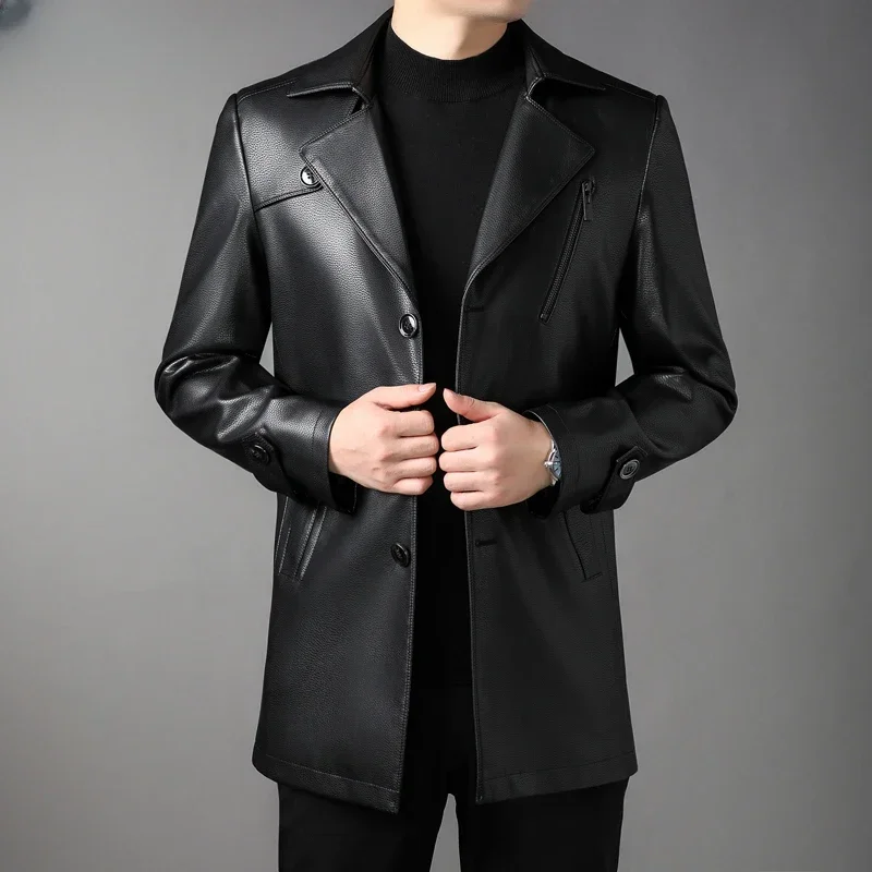 Genuine Leather Jacket for Men 2023 Autumn Winter Men's Leather Jackets Suit Collar Mid-length Windbreaker Casual Black Coats