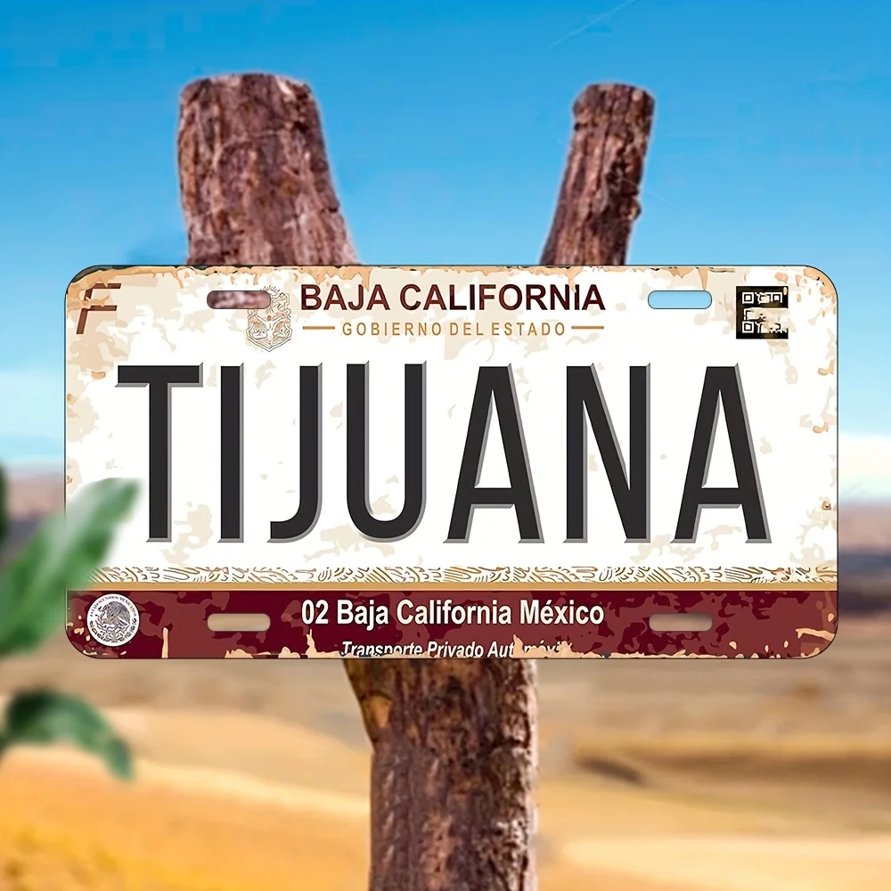 Vintage Mexican License Plate Metal Tin Sign - 15.24x30.48 cm Baja California & Tijuana Wall Art, Distressed White/Red/Black Ret view 6