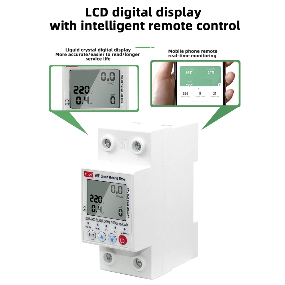 65A Single phase 2P Tuya Smart WiFi Circuit Breaker Switch Earth Leakage Overvoltage and Undervoltage Protector Energy Meter