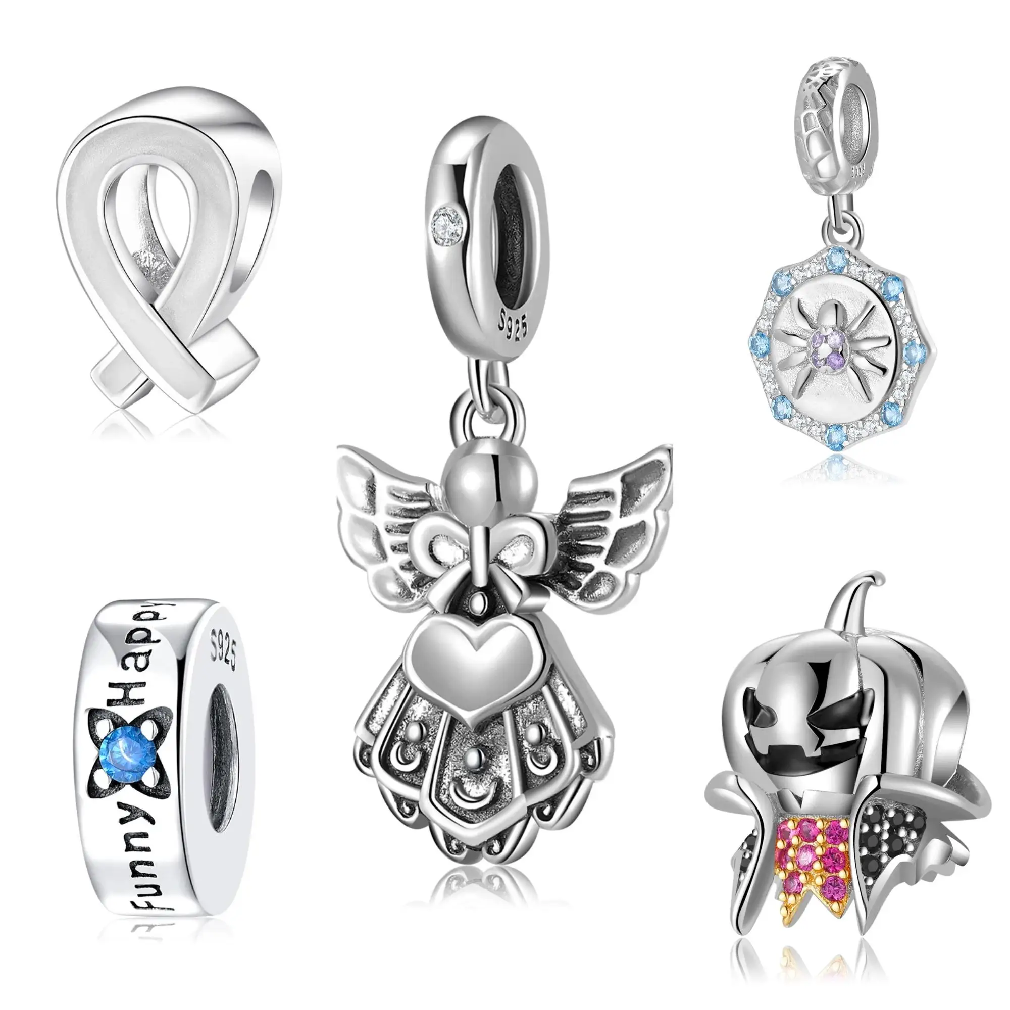 White Ribbon Angel 925 Sterling Silver Zircon White Ribbon Star Zircon Clip Best Friend Bear Charm Beads Fit Bracelets & Bangles