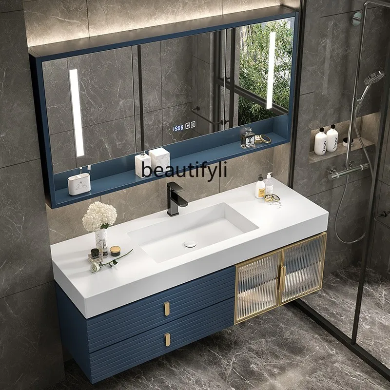 Light Luxury Stone Plate Whole Washbin Bathroom Oak Bathroom Cabinet Combination Smart Sink Washstand Simple